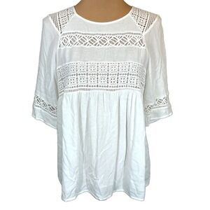 Pale Sky White Levana Crochet Detail Blouse‎ Top 3/4 Sleeve Casual Boho Medium